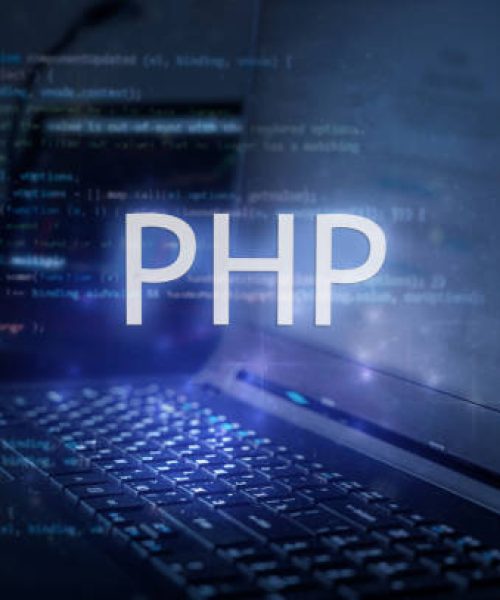 PHP inscription against laptop and code background. Learn php programming language, computer courses, training.